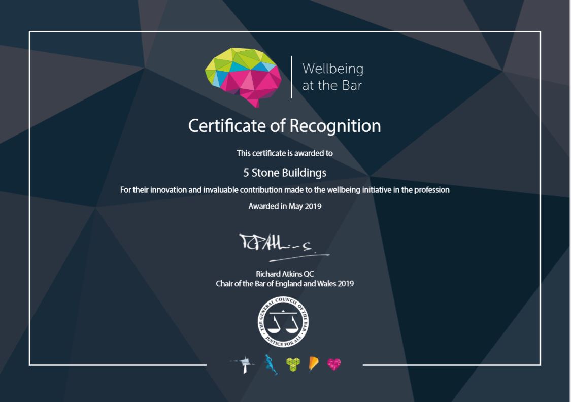 Chambers is awarded a Bar Council Certificate of Recognition for its work on wellbeing